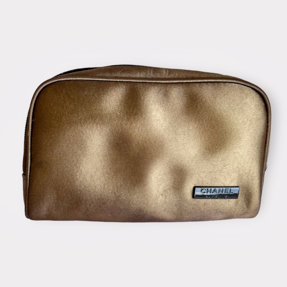 Chanel Parfums Satin Cosmetics Bag Clutch Bronze and Black Zip Up